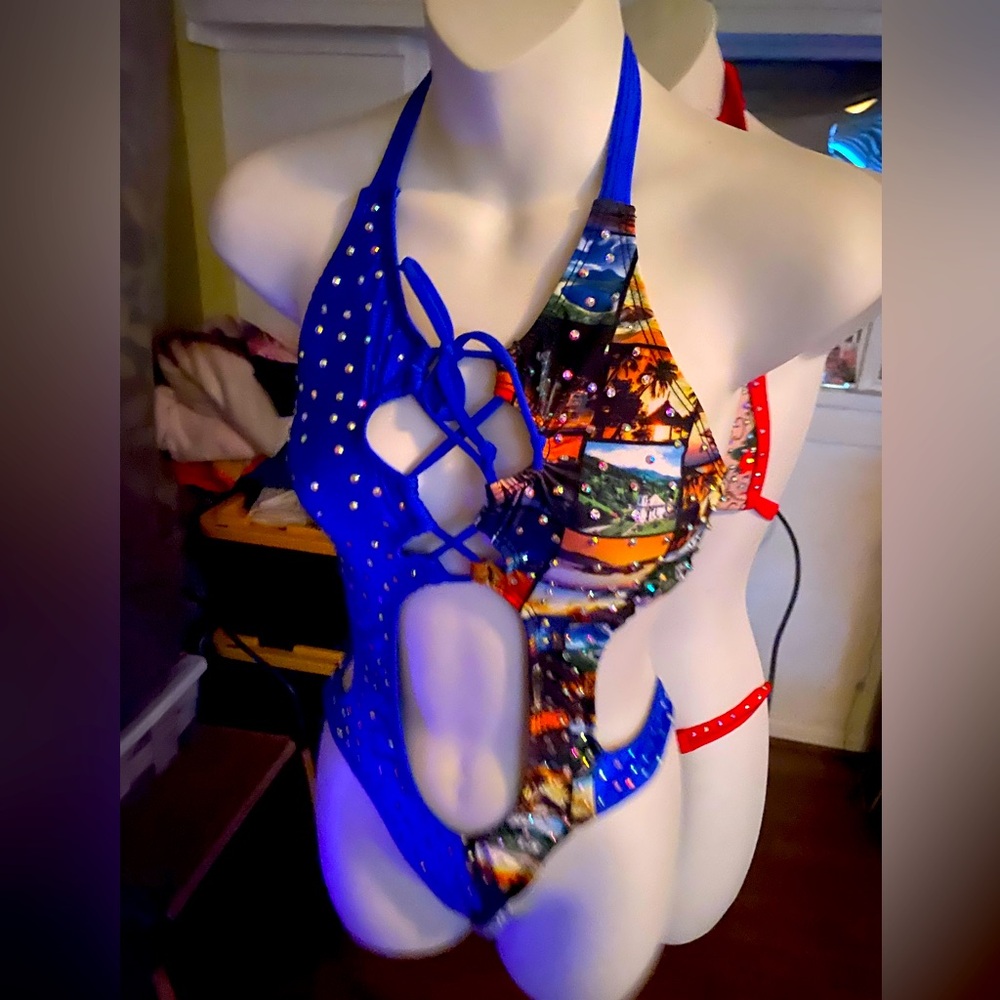 One piece bodysuit stripper outfit with rhinestones